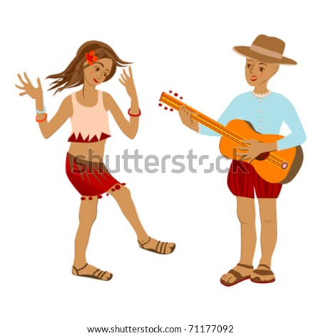 two children against white with retro costumes and a guitar