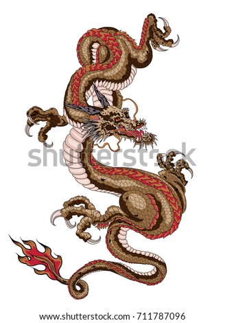 Japanese old dragon for tattoo. Traditional Asian tattoo the old dragon vector.Animal of Budhi.