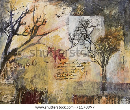 Mixed media abstract painting with tree and branches