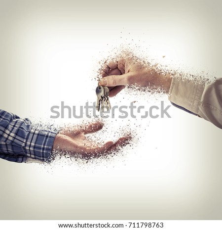 Man is handing a house key to a other man in shattered style