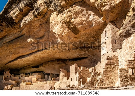Cliff Palace, semi-troglodytic habitat ruins of the Anasazis Indians in Mesa Verde National Park Royalty-Free Stock Photo #711889546
