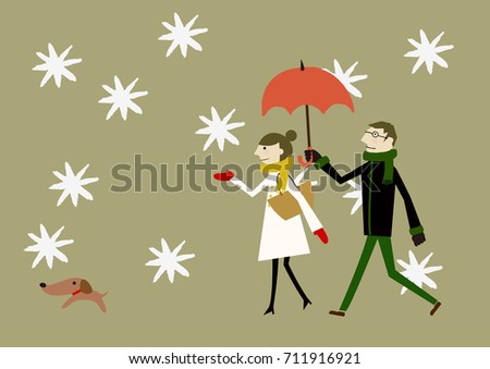Winter Image snowy landscape with lovers and dog