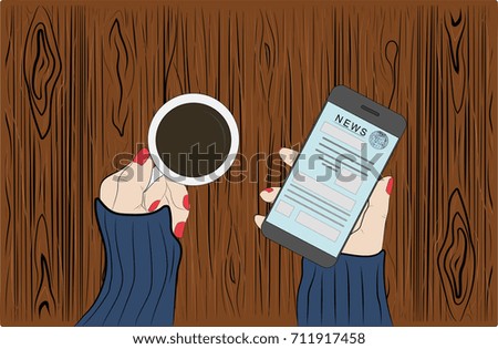 a woman is holding a cup of coffee and a smartphone with a news tape. vector illustration. view from above.