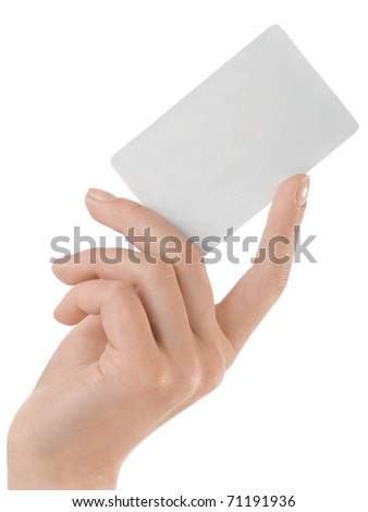 Hand holding a business card isolated on white background