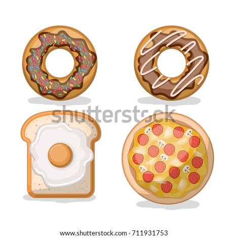 donut and bread with fried egg and pizza in white background vector illustration