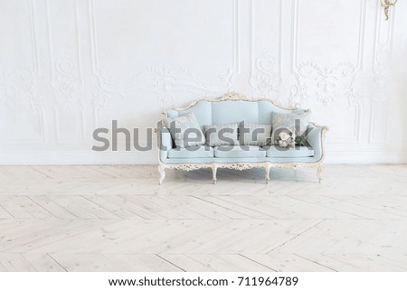 luxurious light interior in the Baroque style. A spacious room with a road chic beautiful furniture, a fireplace and flowers. plant stucco on the walls