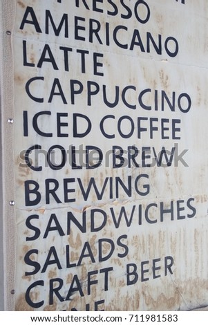 Cafe menu sign of different coffees selection