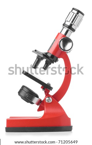 side view of a red microscope isolated on white background Royalty-Free Stock Photo #71205649