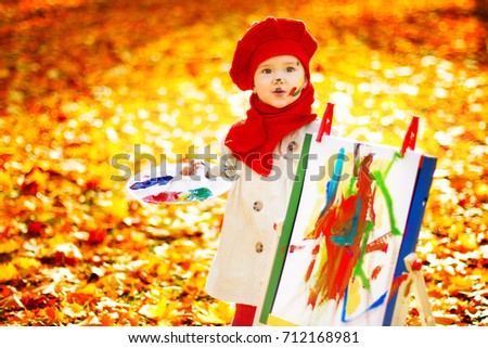 Autumn Child Painting Art Picture, Kid Artist Drawing Fall Leaves, Baby Girl Outdoor Portrait