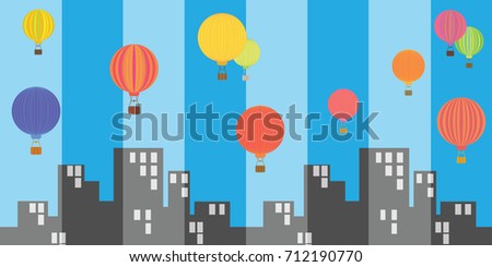 vector illustration for city building and hot air balloons above for funny leisure or touristic attraction design 