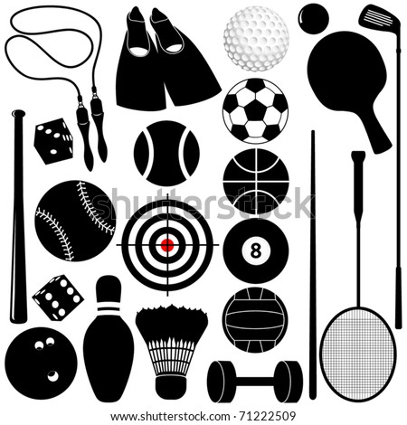 Silhouettes Vector of different Balls, exercise equipments isolated on white - golf ball, bowling, basketball, tennis, etc. A set of cute and colorful icon collection isolated on white background
