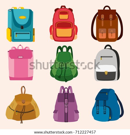 Set of bright kids school bags isolated on light background. Flat style vector illustration.