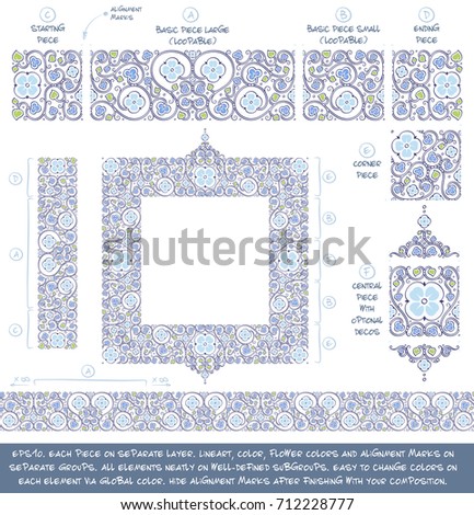 Seamless Pattern. Flower Decorative building blocks to create Ornament compositions. All elements neatly on well-defined layers and groups. Easy to edit colors via Global Color. 