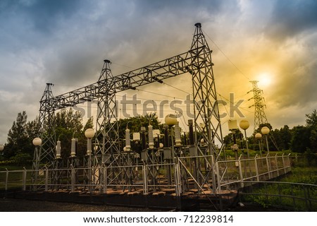 High voltage transformers and electric converters equipment in switchyard of hydroelectric power plant at Pak Mun Dam, a run-of-river hydroelectricity in Ubon Ratchathani Province, Thailand. Royalty-Free Stock Photo #712239814