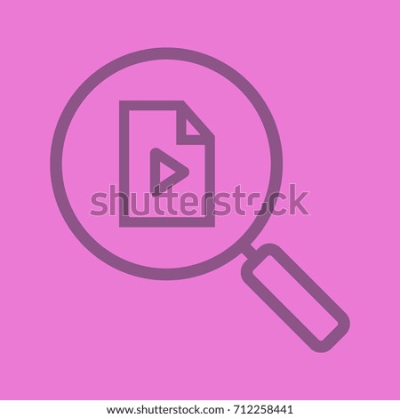 Media file search color linear icon. Magnifying glass with multimedia file. Thick line outline symbols on color background. Raster illustration
