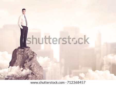 A professional winner business person standing on a dangerous mountain top above the city scape with clouds concept