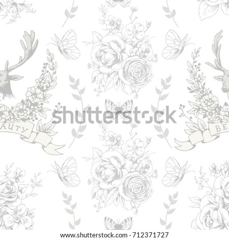 Seamless pattern with deer,butterflies and bouquets on white background 