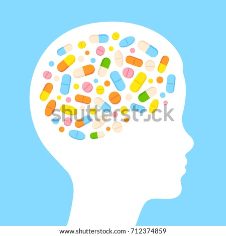 Medication ADHD in children, child head profile with medicine pills. Mental health treatment concept and drug overprescription problem.