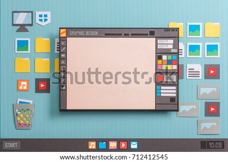 Graphic design and vector illustration software interface, blank page project with grid, collage and paper cut composition