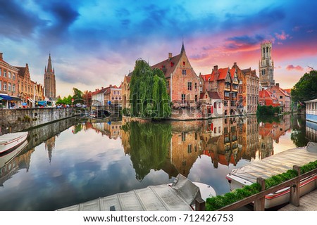 Bruges at dramatic sunset, Belgium Royalty-Free Stock Photo #712426753