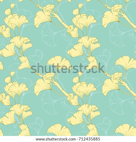 Seamless pattern, collage arrangement of hand drawn ginko leaves with outline