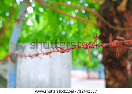 rusty barbed wire concept soldier safety in bunker. Select focus with shallow depth of field