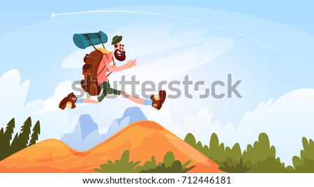 Traveler Man Hiking In Mountains Happy Smiling With Big Backpack Over Nature Landscape Flat Vector Illustration