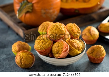 Healthy pumpkin muffins, vegan baked food, autumn dessert