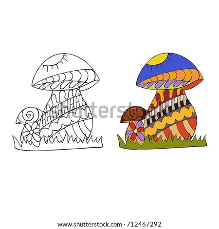 Black and white and colored Mushrooms. Collection of  mushrooms in doodle style. Vector illustration. 