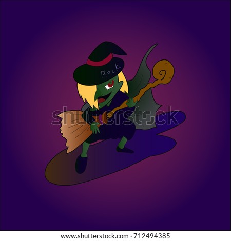 Vector image of witch in rock style holding a broom for use replace the guitar in Halloween concept.