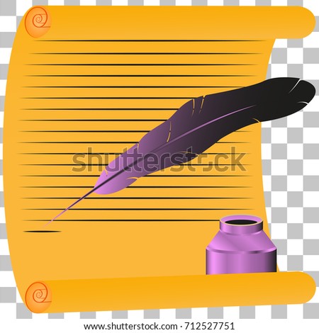 An image of an old scroll, a pen for writing and an ink cartridge on a transparent background.