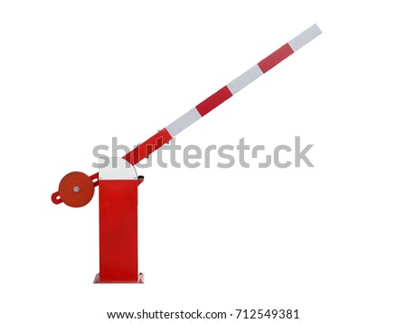 close-up single red white entry access barrier isolated on white background, open manual control security barrier of car parking entrance Royalty-Free Stock Photo #712549381