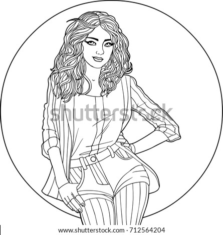 vector illustration - woman in jacket and shorts on the background of a large circle. Black and white picture - anti-stress