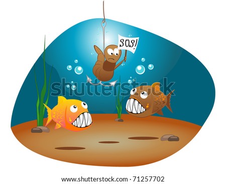 vector illustration of hungry fishes and worm with a tablet