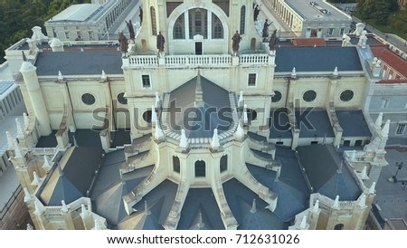flying drones over the royal palace in Madrid Spain and the circus before sunset