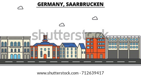 Germany, Saarbrucken. City skyline: architecture, buildings, streets, silhouette, landscape, panorama, landmarks. Editable strokes. Flat design line vector illustration concept. Isolated icons set