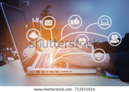 brainstorm teamwork meeting concept,businessman using mobile phone and digital tablet and laptop computer in modern office with virtual icon diagram