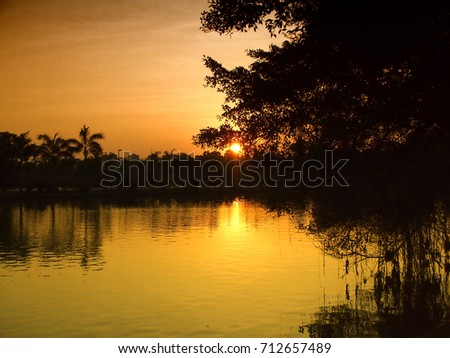 Picture of Silhouette sunset at the peaceful Lake  in evening. Sunset is reflect the surface water and sky is a beautiful golden color.