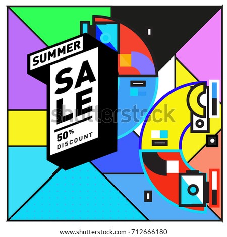 Summer sale memphis style web banner. Fashion and travel discount poster. Vector holiday Abstract colorful retro illustration with special offer and promotion.