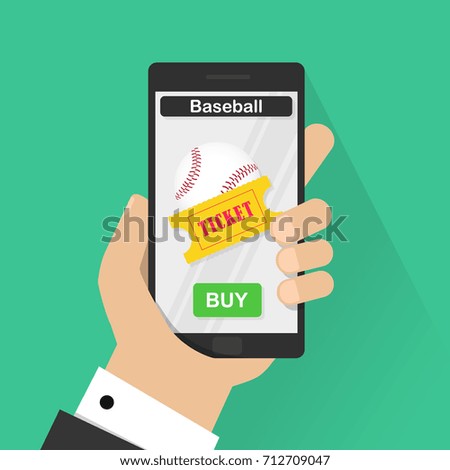 Flat design vector illustration concepts of online baseball ticket. Hand holding mobile smart phone with online buy app. Vector modern flat creative info graphics design