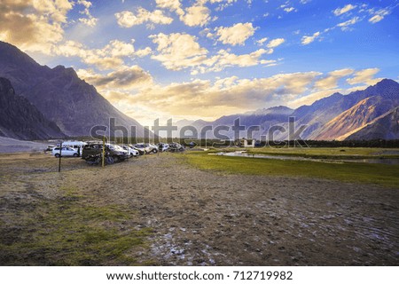 Tourists vehicles parked at Leh Ladakh, Jammu and Kashmir, India
