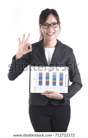 Business women in business suit holding black folder with paperwork on pure white background.