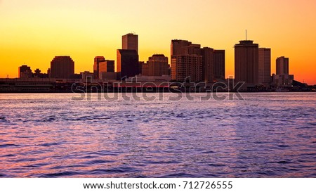 Silhouette of downtown New Orleans skyline across the Mississippi River, Louisiana