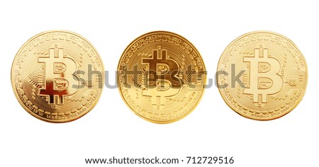 Set of gold coins of bitcoin on a white background.