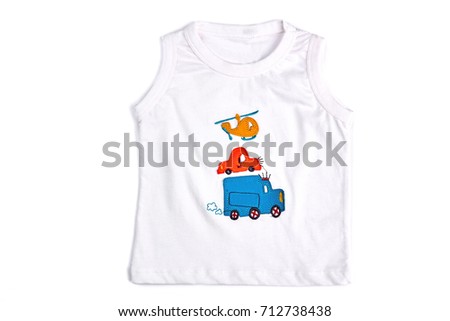 Baby-boy white printed t-shirt. White cotton transport cartoon t-shirt for infant boy, isolated on white background.