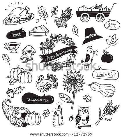 Set of Hand drawn Thanksgiving doodle isolated on white background