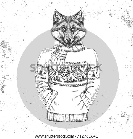 Retro Hipster fashion animal fox dressed up in pullover. Hipster animals