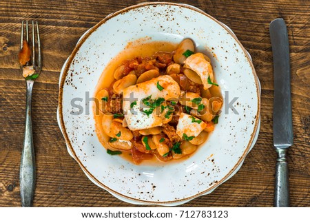 Cod and chorizo stew with broad beans - top view