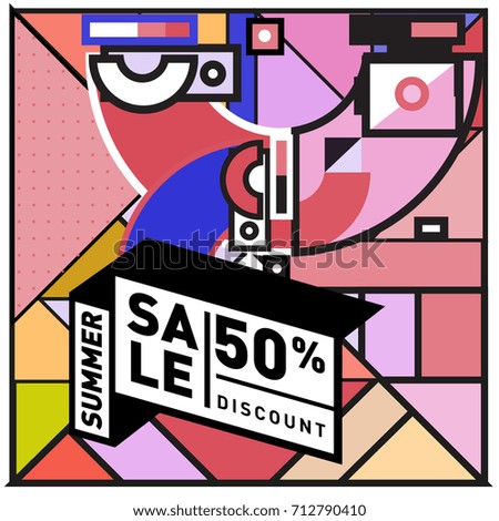 Summer sale retro memphis style web banner. Fashion and travel discount poster. Vector holiday Abstract colorful retro illustration with special offer and promotion.