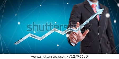 Businessman touching digital blue arrow with his finger 3D rendering